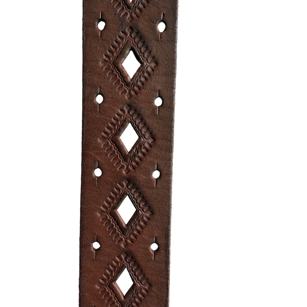 Fossil Brown Leather Belt Geometric Diamond Cutout Southwestern Womens 36 in - Picture 6 of 7